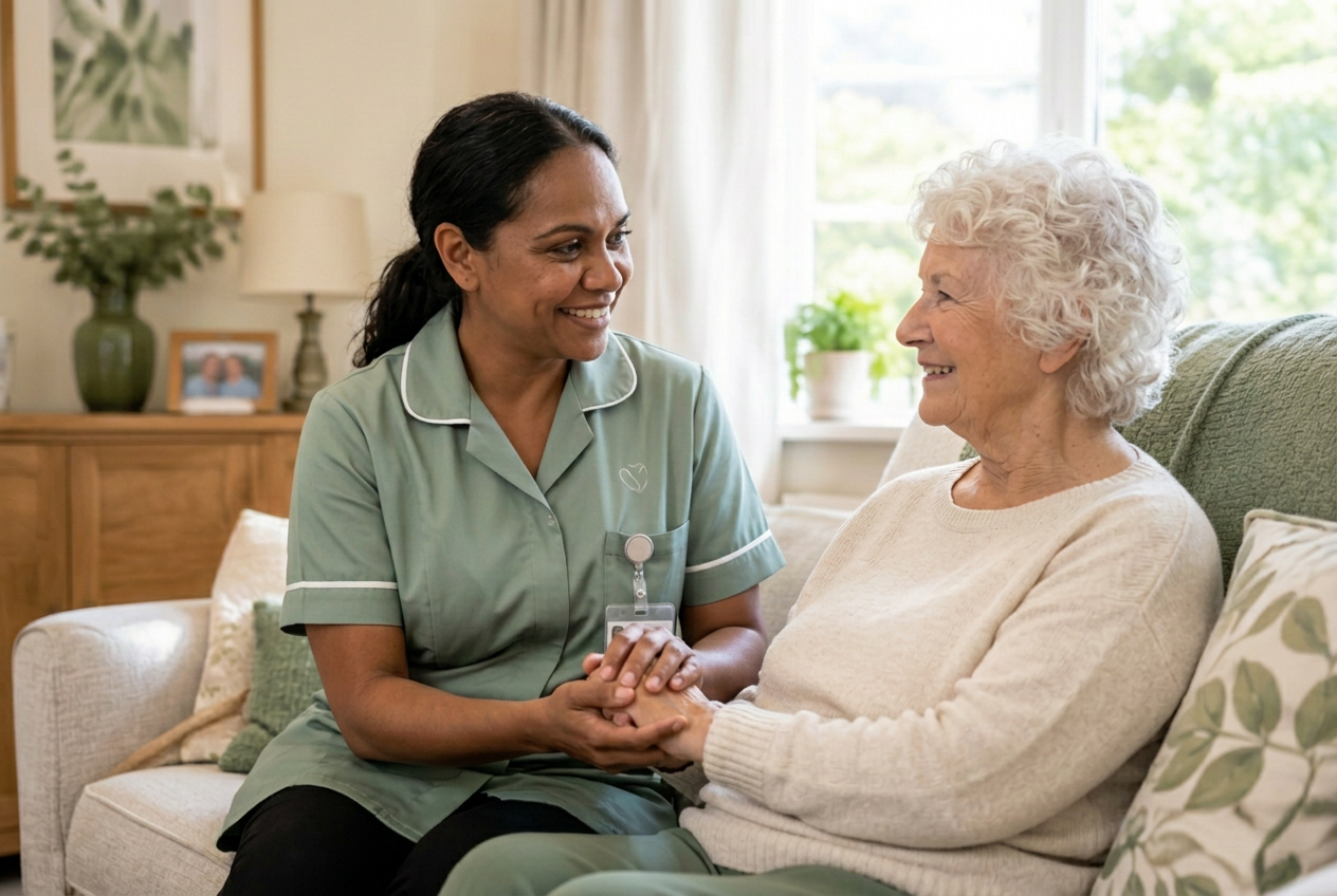 A caring nurse holding hands with an elderly woman at home